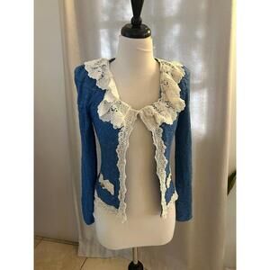 Moolkko Korea Blue Lace Cottagecore Cardigan w/ Cream Ruffle Trim
